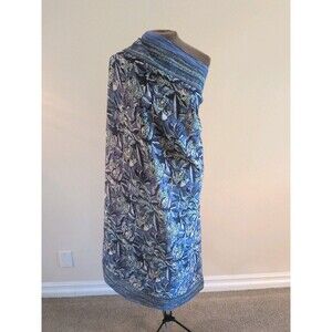 Natura Womens Sarong Swim Cover-Up Large Blue Floral Block Print Border 70x43 In